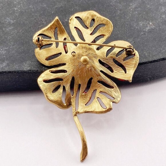 VINTAGE Red white enamel and brass toned metal dimensional flower brooch big pin - Picture 10 of 10